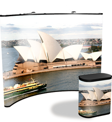 10 foot premium concave full graphic pop up display with end to end Sydney Opera House graphics and matching graphic case conversion kit