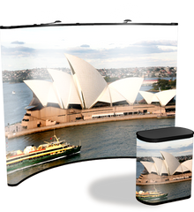 10 foot premium concave full graphic pop up display with end to end Sydney Opera House graphics and matching graphic case conversion kit