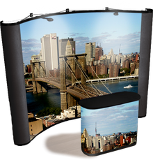 10 foot concave graphic pop up display with black fabric end caps, Brooklyn Bridge graphics, and matching graphic case conversion kit