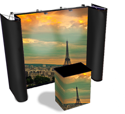 10 foot premium straight graphic pop up display with black fabric end caps, background of the Eiffel Tower in Paris, and matching graphic case conversion kit
