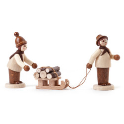 Wooden German Forest Kids Figurine with Sled Handmade