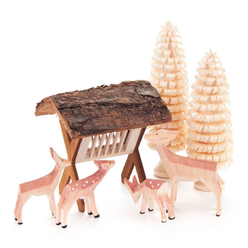 German Figurine Wooden Deer Feeder Set of 7