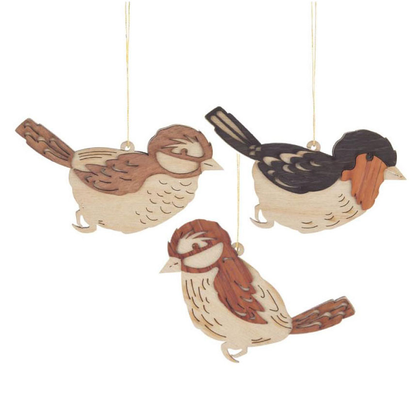 Set Three Wooden Natural Bird Cut Out German Ornaments