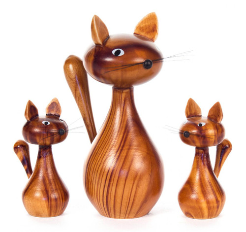 Wooden Cat German Figurine - 3 Piece Set FGD076X4021