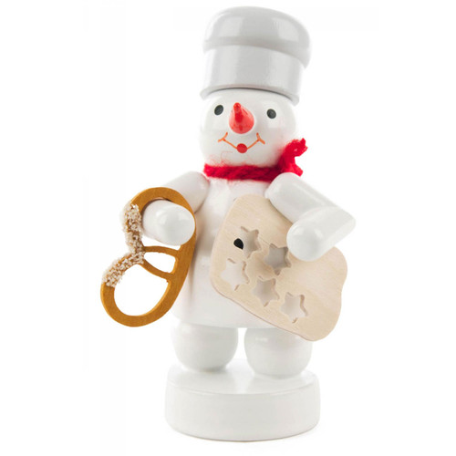 Snowman Baker Wooden Figurine Holding Pretzel FGD198X097X24X