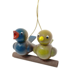Blue and Yellow Pair Birds Wooden German Ornament
