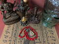 Botak Chin's LP Nak BE 2443 Phra Pidta Amulet in Enameled Thai Silver Reliquary Case with Bali Sterling Silver and Red Howlite Skull 54 Count Mala Necklace - The Voodoo Estate 