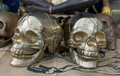 Pair of 5.75" Gilt Painted Metal Skulls from India - 1980's New Old Stock - A Main Library Storeroom Find - The Voodoo Estate