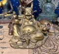 5.25" Showa Era Brass Okimono Hotei Big Mouth Buddha with Ingot on Tiger - A Main Healing Altar Find - The Voodoo Estate