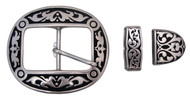 Jeremiah Watt 3 Piece 1 1/2" Oval Floral Black Buckle Loop Tip Set