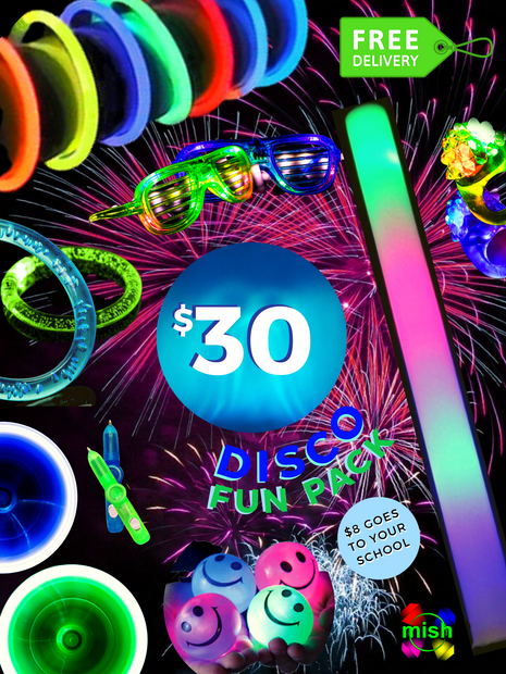$30 Party Pack, includes 50x glowbracelet bracelets, shutter glasses, foam stick, jelly rings, smiley face bouncy ball, spinner pens, rainbow bubble bracelet
