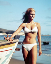 RAQUEL WELCH WHITE BIKINI BY BOAT ON BEACH PRINTS AND POSTERS 290351