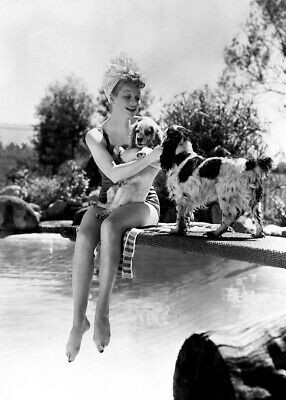 Lucille Ball 1940 s pose in swimsuit sitting on diving board with