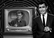 Twilight Zone Rod Serling introduces episode with TV behind him 5x7 photograph