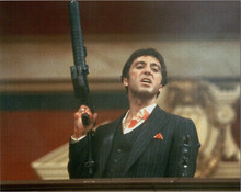 Al Pacino bloodied holding up machine gun 8x10 photo Scarface