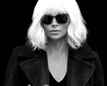 Charlize Theron cool sexy pose in black with sunglasses Atomic Blonde 8x10 photo