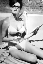 Raquel Welch 1960's pose in white bikini & glasses on beach 8x12 inch real photo