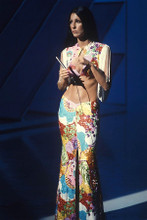 Cher in colorful outfit on Sonny & Cher Show holding microphone 8x12 photo