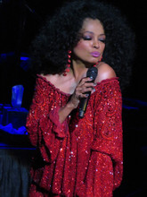Diana Ross in red dress pouting in concert holding microphone 8x12 inch photo