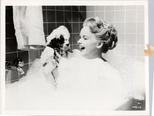 Anne Francis sexy pose in bubble bath holding small dog smiling 5x7 inch photo