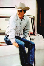 Paul Newman full length western shirt & hat sitting on pick-up truck 4x6 phot0