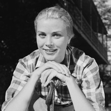 Grace Kelly smiling pose in checkered shirt 1950's 12x12 inch photograph