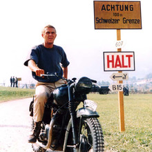 Steve McQueen sits on motorbike by German/Swiss border Great Escape 12x12 photo