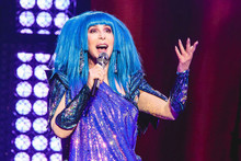 Cher singing on stage in concert wearing blue wig 12x18 poster