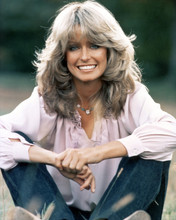 Farrah Fawcett beautiful 1970's pose seated outdoors in blue jeans 12x18  Poster