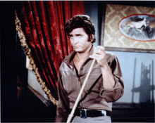 Michael Landon as Little Joe holding pool cue in Ponderosa Bonanza 8x10 photo