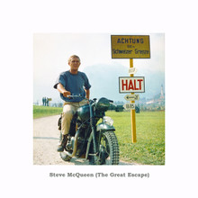 Steve McQueen as Hilts from The Great Escape sitting on Triumph bike 8x10 photo