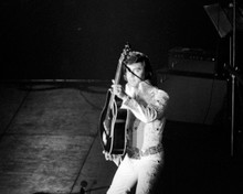Elvis Presley rare in concert wearing white jumpsuit holding guitar 8x10 photo