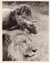 Ron Ely as Tarzan from classic 1968 TV series posing with lion 8x10 photo