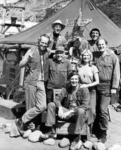 M.A.S.H Alan Alda Loretta Swit Mike Farrell with cast outside tent by signs 8x10