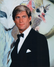 Manimal 1983 TV series Simon MacCorkindale poses against animal backdrop 8x10