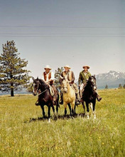 Bonanza Michael Landon Lorne Greene Dan Blocker on horseback riding range 8x10