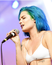 Halsey singing in white bra top blue hair tattoos 8x10 Photo