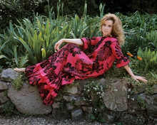 Jane Fonda wearing long red dress sitting on wall circa 1967 8x10 photo