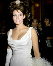 Raquel Welch wears white evening gown showing cleavage smiling 8x10 photo
