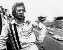 Steve McQueen on Le Mans set wearing Heuer watch by race track 8x10 photo
