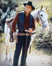 The Virginian TV series James Drury full length with his white horse 8x10 photo