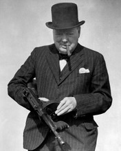 Winston Churchill puffing on his cigar holding machine gun great pose 8x10 photo