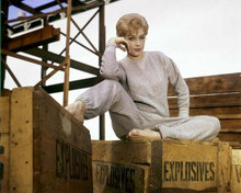 Stella Stevens in grey sweat shirt and pants sitting on box of explosives 8x10