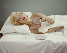 Jayne Mansfield 8x10 inch photo glamour pose lying in bed huge cleavage