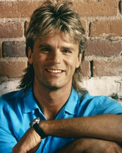 Richard Dean Anderson smiling studio portrait in blue shirt MacGyver 8x10 photo