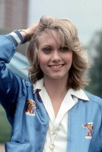 Olivia Newton John smiling pose in blue jacket hand in hair 4x6 inch photo