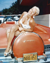 Jayne Mansfield in swimsuit poses on red Lincoln Continental 8x10 inch photo