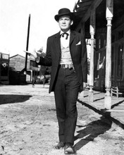Gene Barry as Bat Masterson in black derby hat holding cane in town 8x10 photo