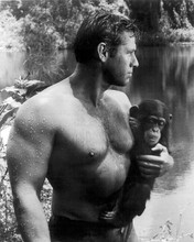 Gordon Scott with wet hair as Tarzan holding Cheetah 8x10 inch photo