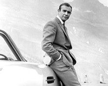 Sean Connery as Bond leaning on Aston in mountains Goldfinger 8x10 inch photo